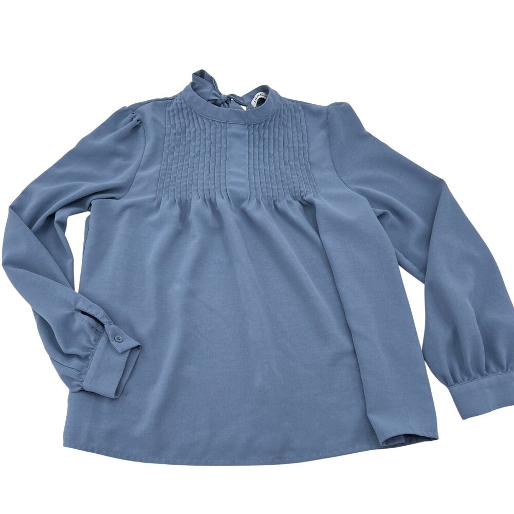 Liumilac Light Blue  Womens Long Sleeve Blouse Pintuck Detail‎ & Bow Tie Neck S